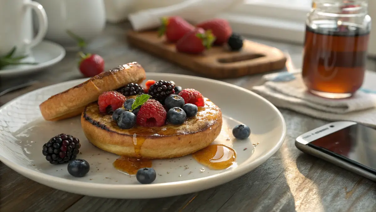 French toast bagel with maple syrup and berries