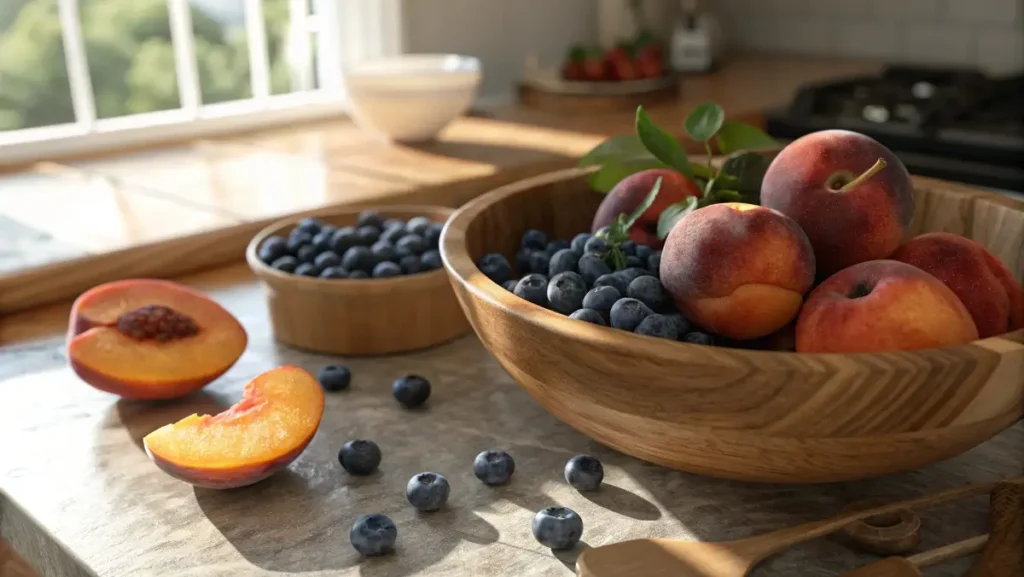fresh peaches and blueberries for peach blueberry cobbler