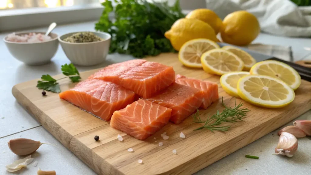 Fresh salmon cubes for Bang Bang Salmon Bites