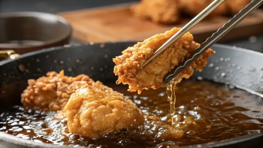Fried chicken in oil with crispy golden crust