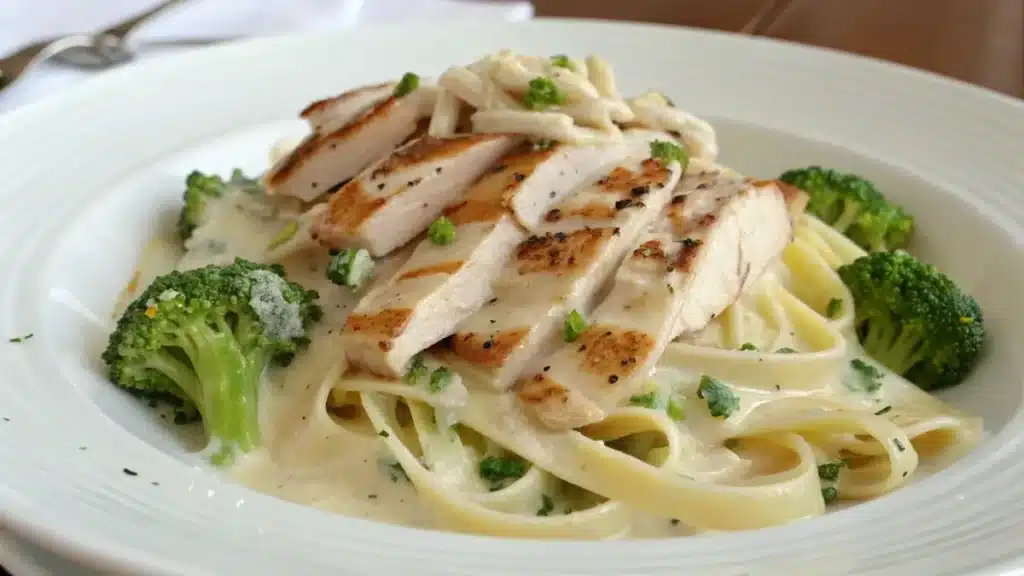 gluten free fettuccine Alfredo with chicken and broccoli