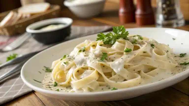 gluten free fettuccine Alfredo creamy pasta on plate