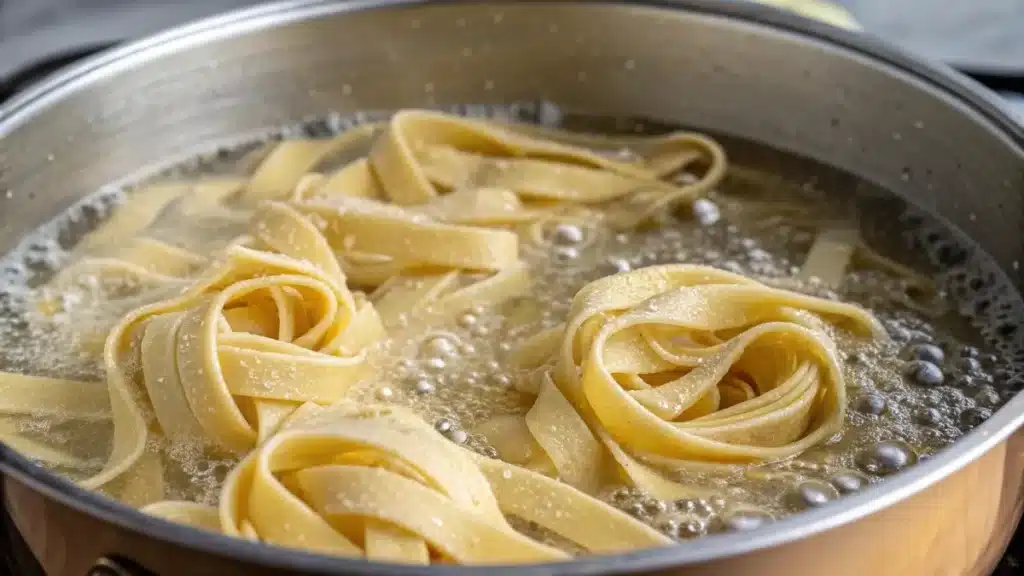 gluten free fettuccine cooking in pot of salted water
