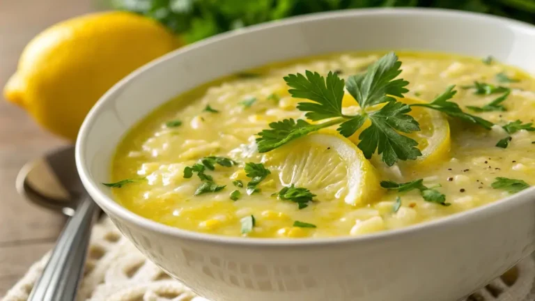 Authentic Greek lemon rice soup recipe in a bowl garnished with parsley