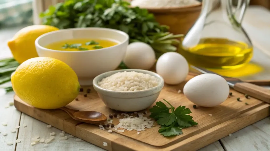 Fresh ingredients for Greek lemon rice soup recipe including lemons, eggs, and rice