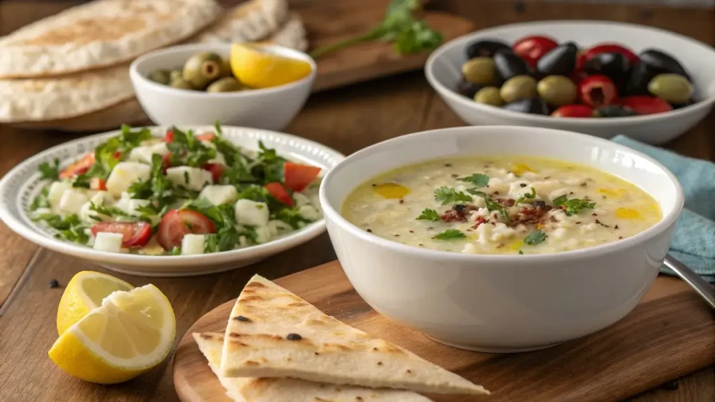 Greek lemon rice soup recipe served with Greek salad and pita