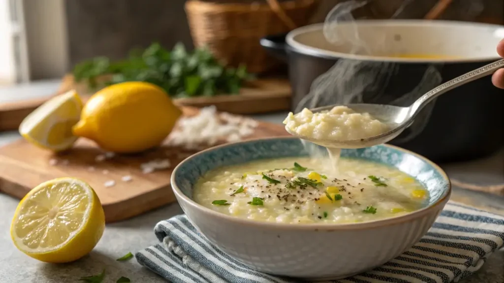 Serving Greek lemon rice soup recipe from pot to bowl