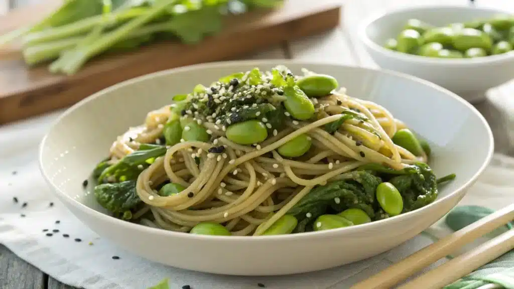 healthy edamame spaghetti recipe with greens and sesame seeds