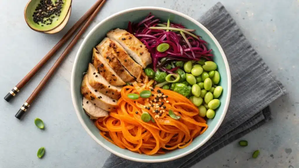 Bibibop-style bowl with toppings