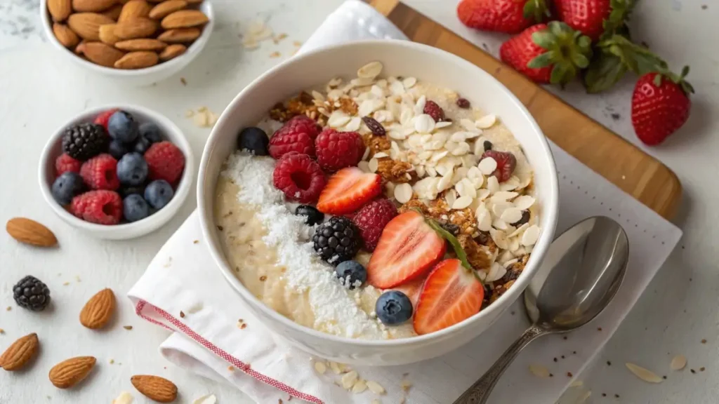 horchata oats with fruit and crunchy toppings