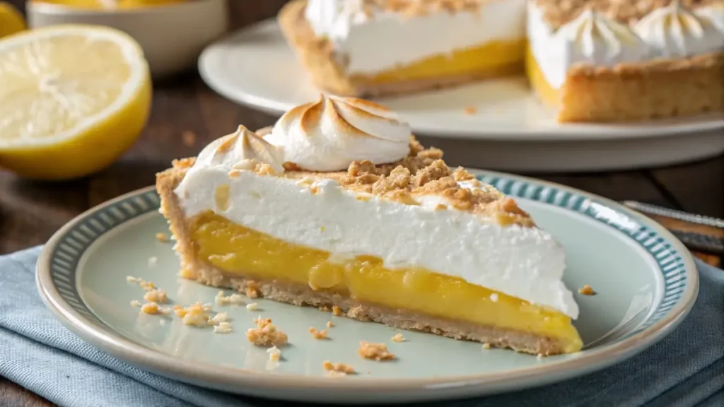 slice of jello lemon meringue pie showing clean layers