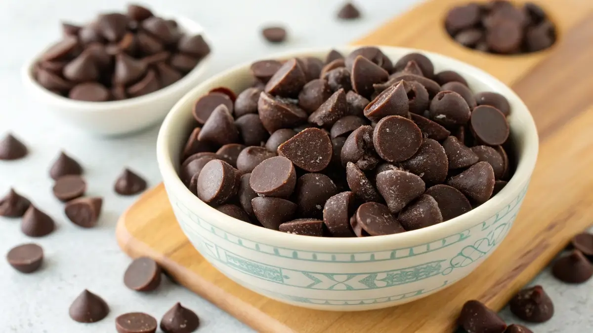 keto dark chocolate chips in a bowl close-up