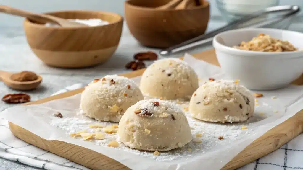 frozen keto edible cookie dough fat bombs on parchment