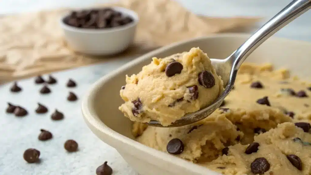 spoon of keto edible cookie dough with chocolate chips