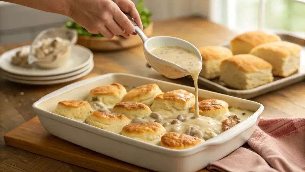 Layering biscuits and sausage gravy for casserole