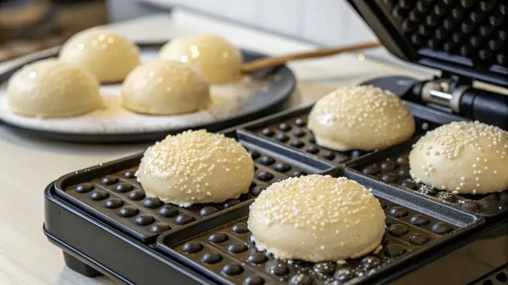 Belgian sugar waffle dough on waffle maker
