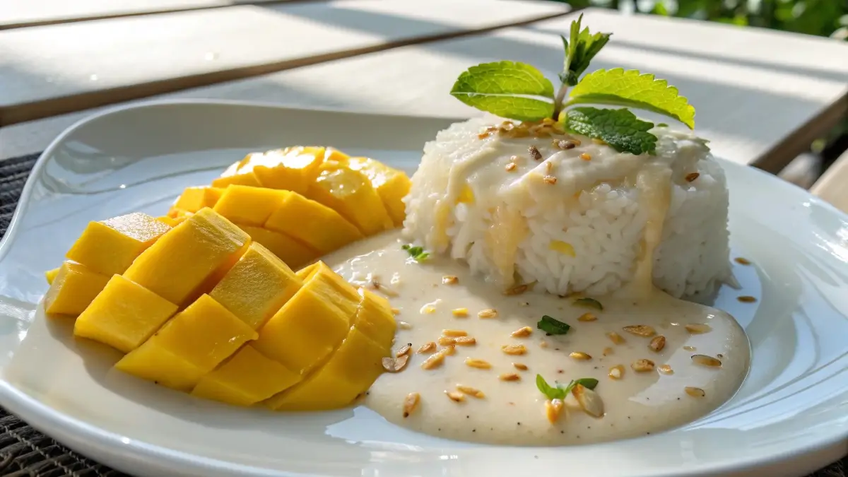 mango sticky rice in rice cooker on plate with mango slices