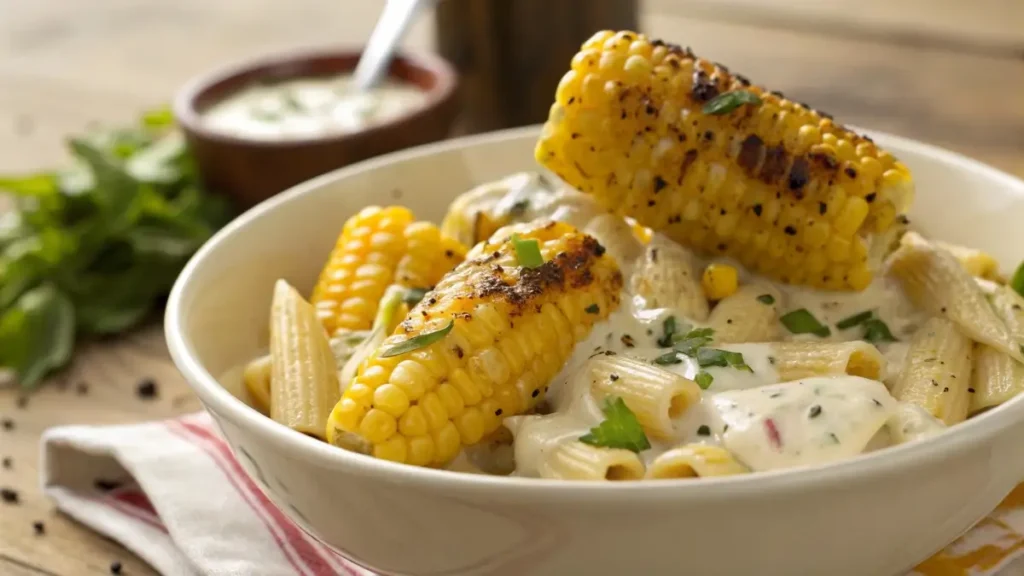 Mixing grilled corn into pasta salad