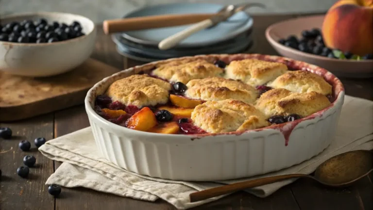 peach blueberry cobbler with golden crust and juicy filling
