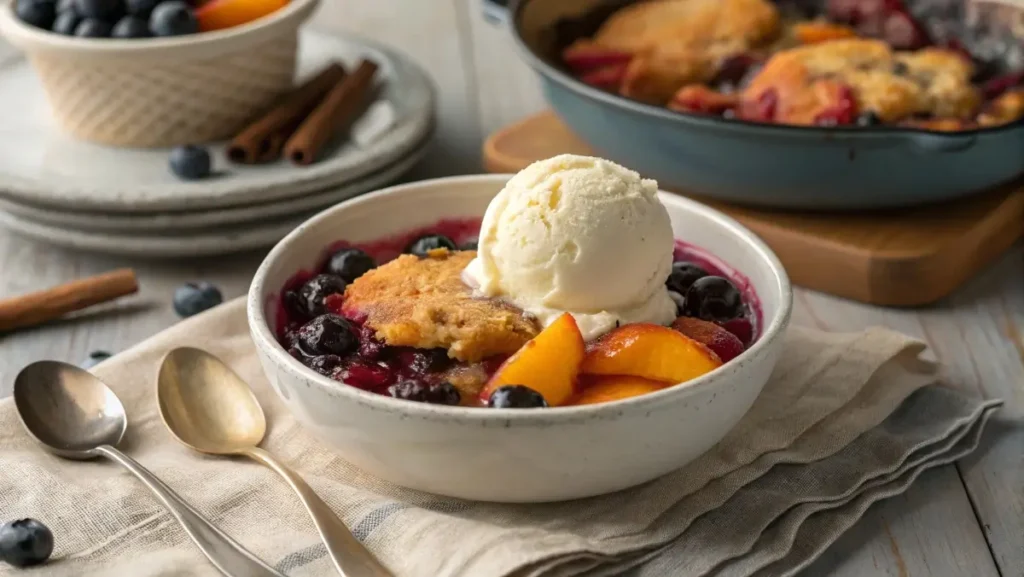 peach blueberry cobbler with ice cream
