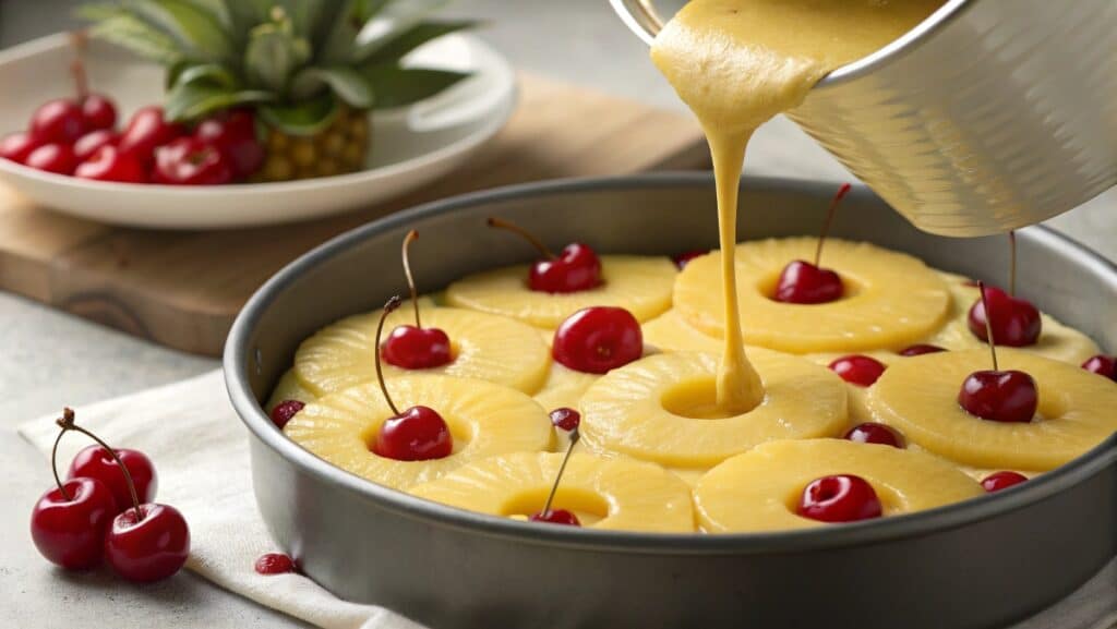 pineapple upside down cake with cake mix batter pour