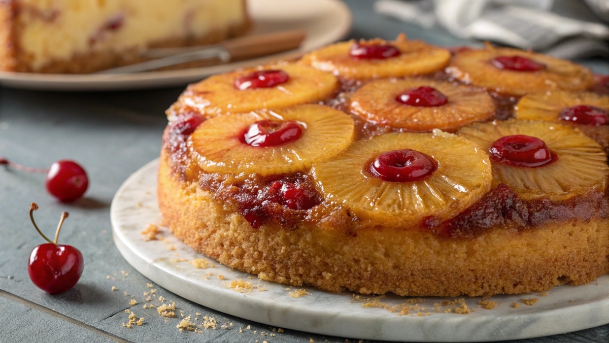 pineapple upside down cake with cake mix fresh from oven