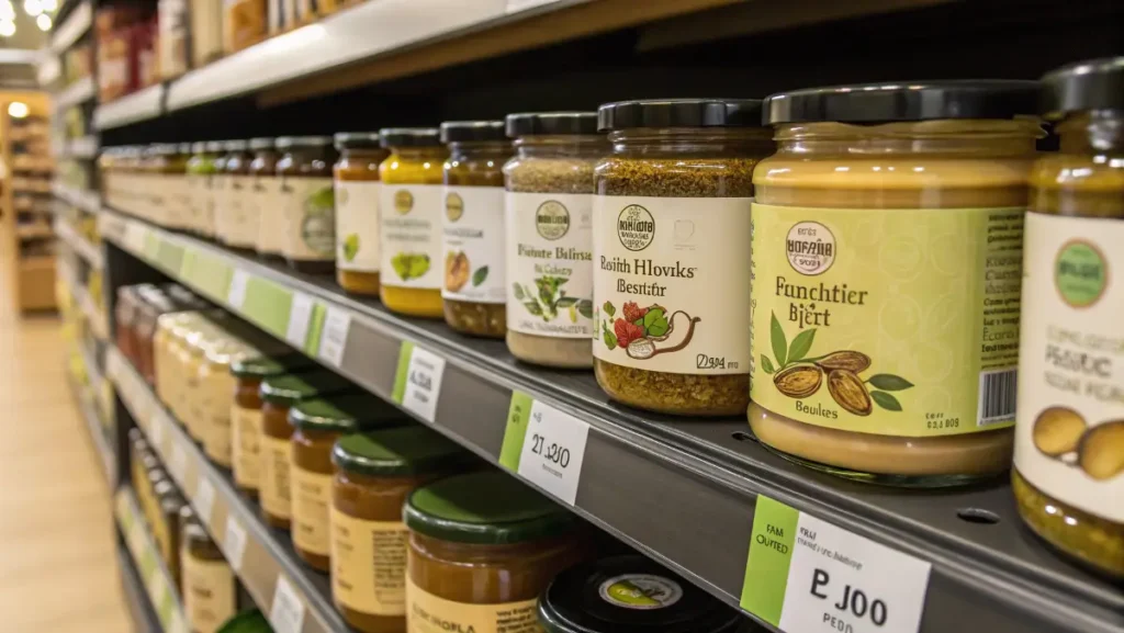 pistachio butter jars on grocery shelf