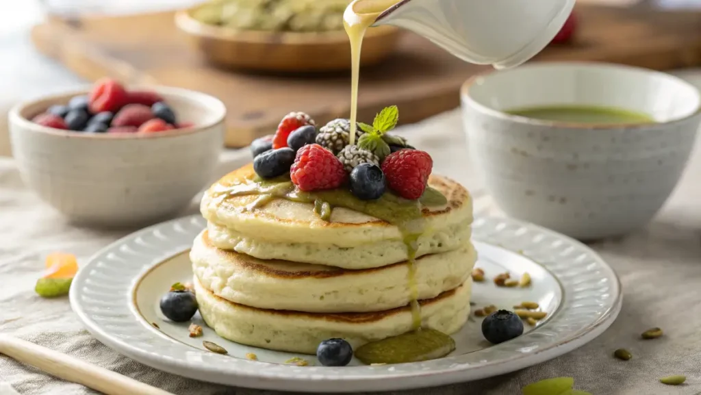pistachio butter drizzled over pancakes with berries