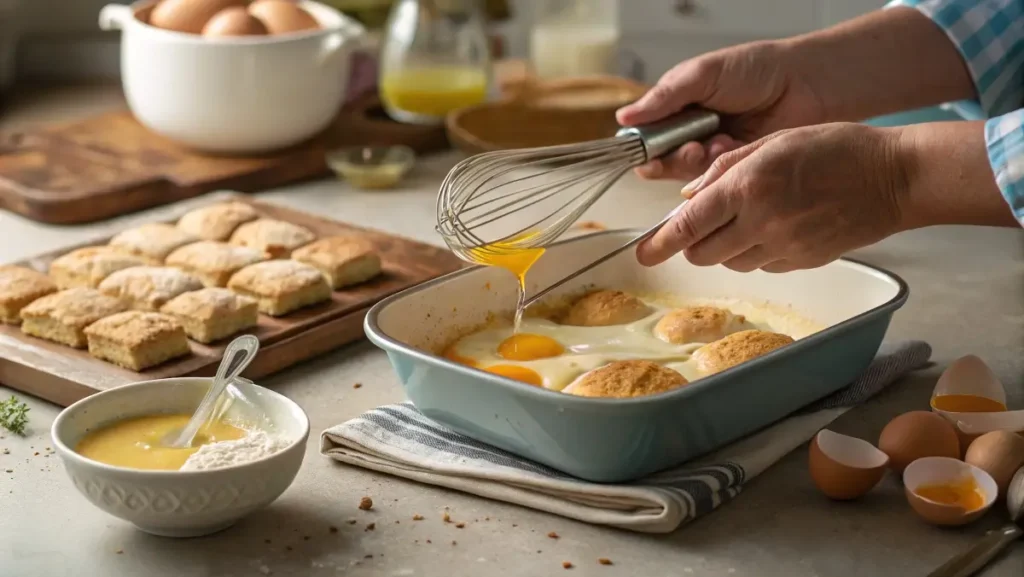 Pouring eggs over biscuit pieces for biscuit egg cheese casserole