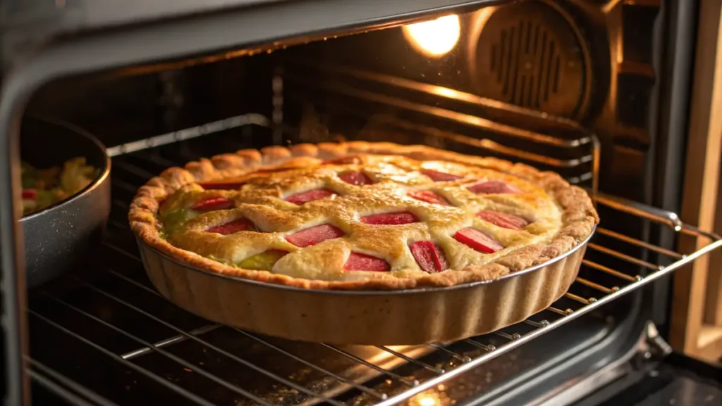 rhubarb pie with frozen rhubarb baking in oven