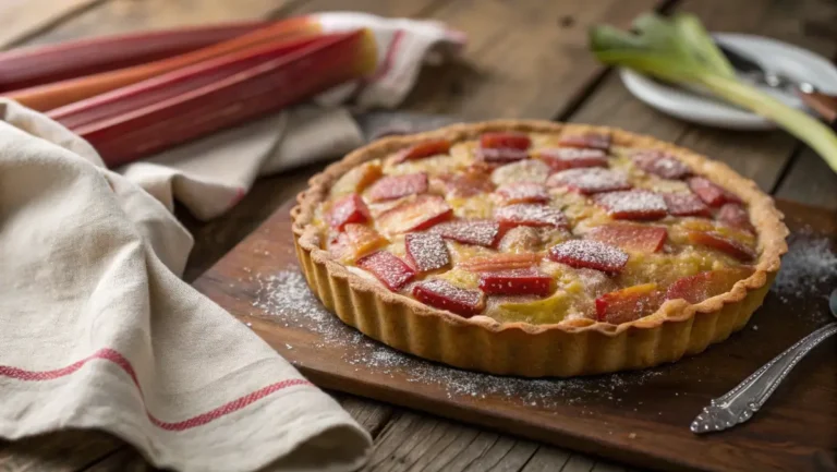 rhubarb pie with frozen rhubarb on rustic table