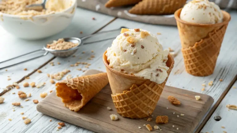 scoop of vanilla rice krispie ice cream in cone