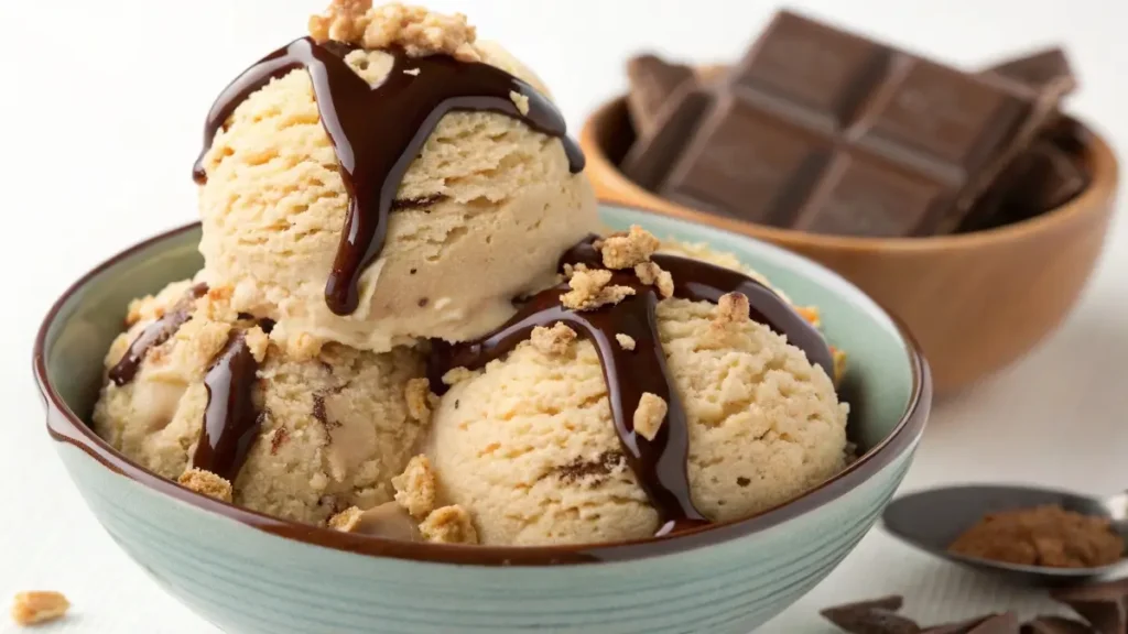 bowl of rice krispie ice cream with chocolate drizzle