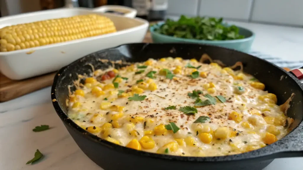 skillet street corn dip with melting cheese