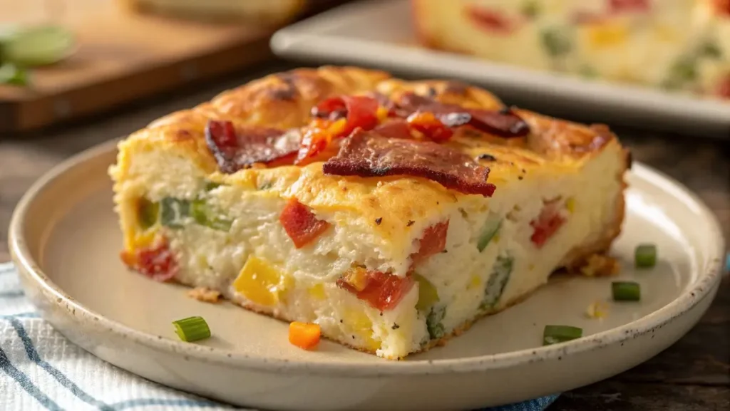 Slice of biscuit egg cheese casserole with bacon and veggies