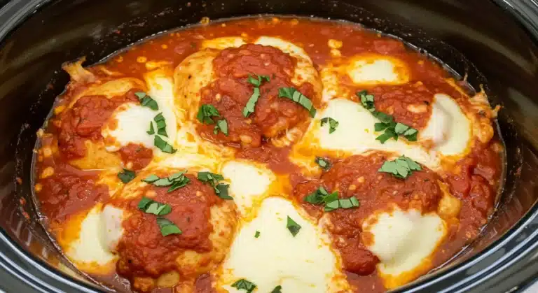 slow cooker cheesy mozzarella chicken in crockpot