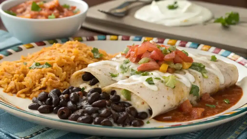 Sour cream enchilada sauce recipe served with rice and beans