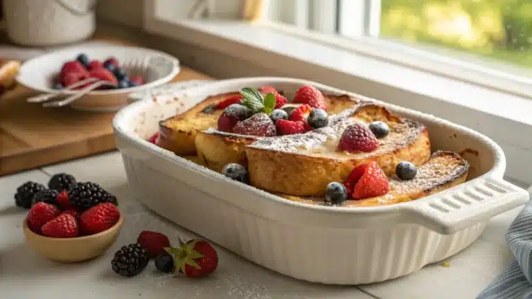 Sourdough French toast bake with berries and powdered sugar