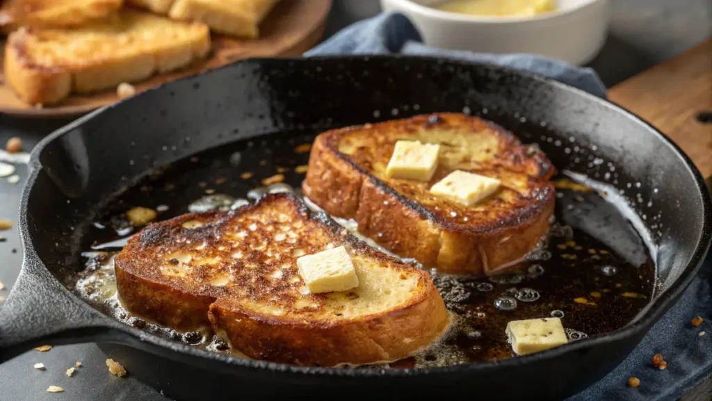 Sourdough French toast cooking in skillet