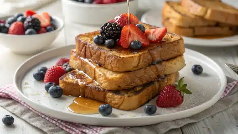 Sourdough French toast topped with berries and syrup