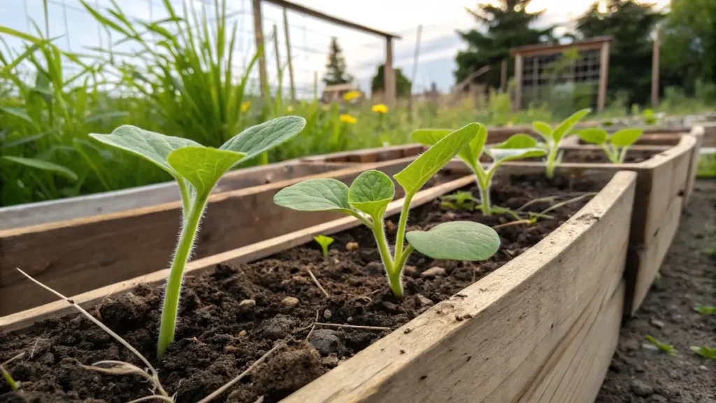 spaghetti squash seedlings growing in raised bed