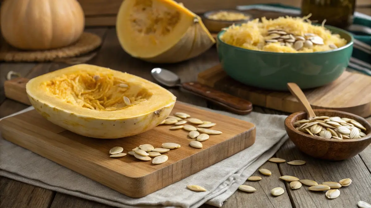 spaghetti squash seeds freshly harvested from ripe squash