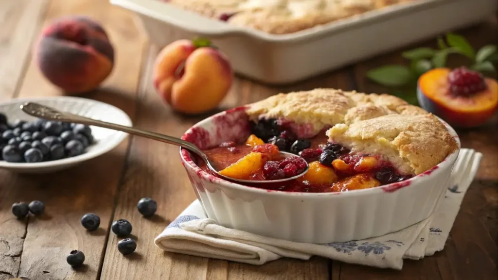 spoonful of juicy peach blueberry cobbler