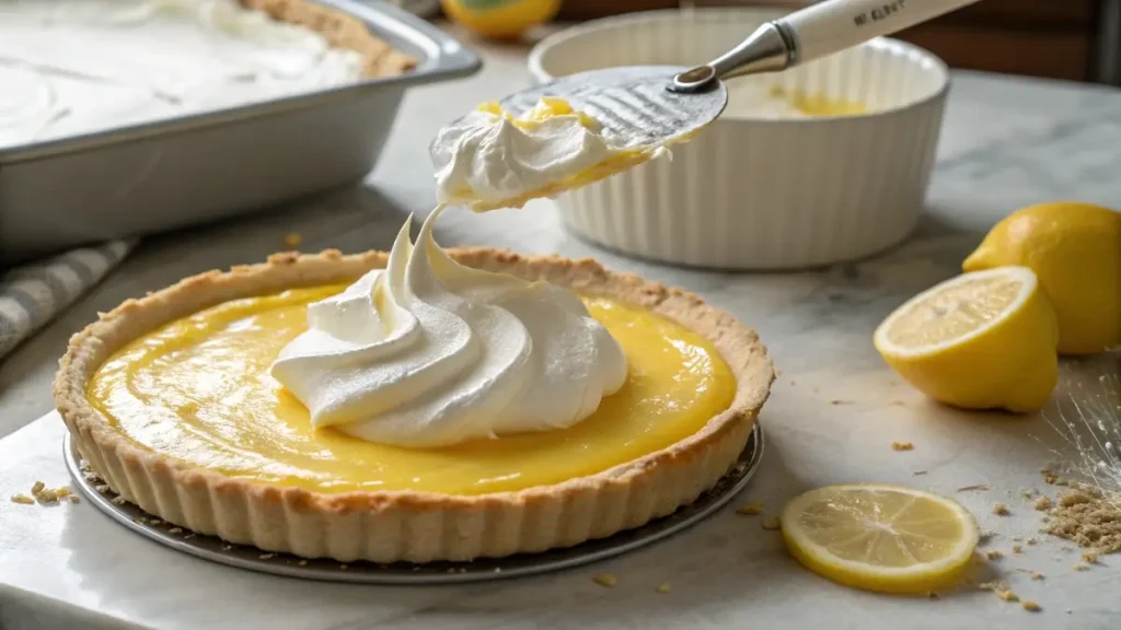 spreading meringue over jello lemon meringue pie filling