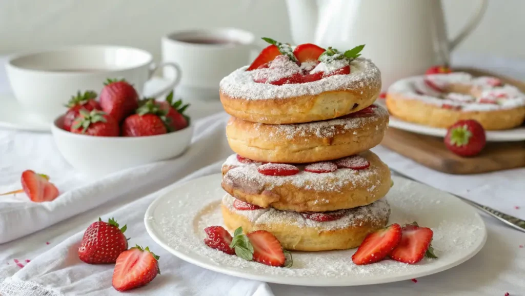 Stack of French toast bagels with powdered sugar and strawberries