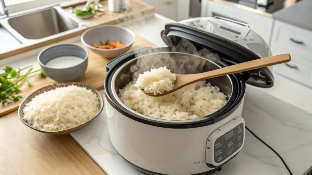 cooking sticky rice in a rice cooker for mango dessert