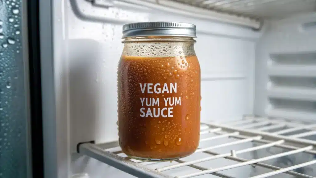 stored vegan yum yum sauce glass jar