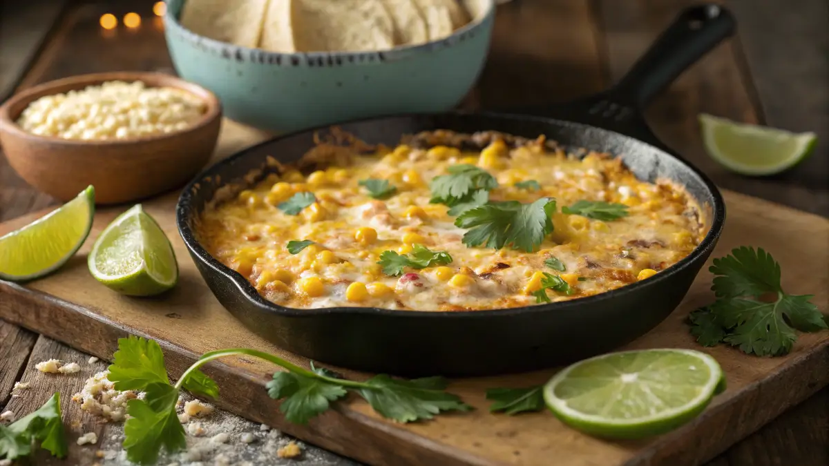 street corn dip baked with cheese and cilantro