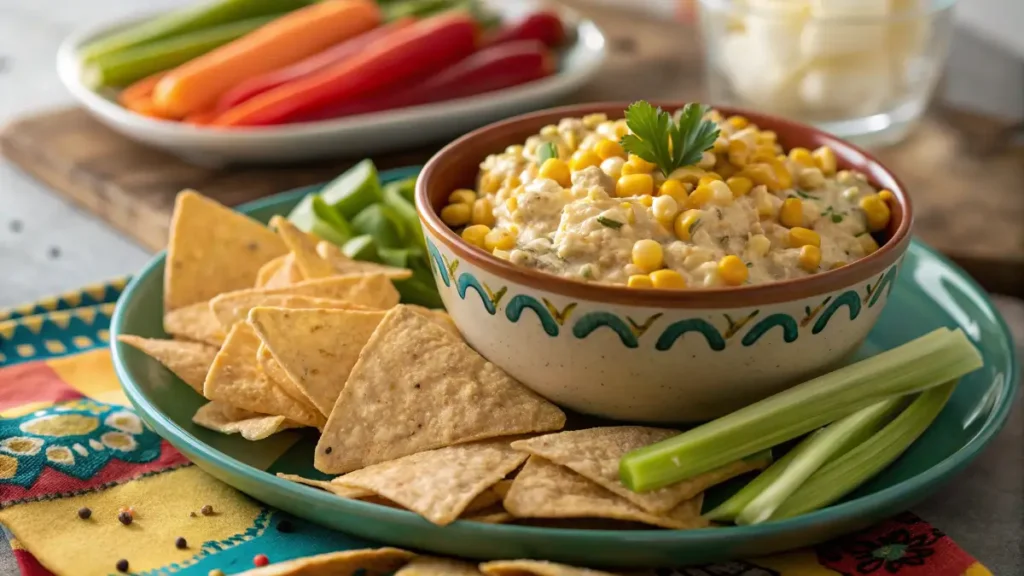 street corn dip with chips and veggies