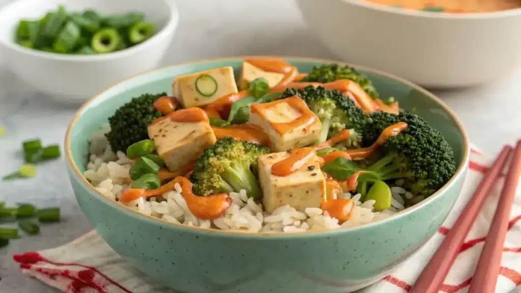 vegan yum yum sauce on rice tofu bowl